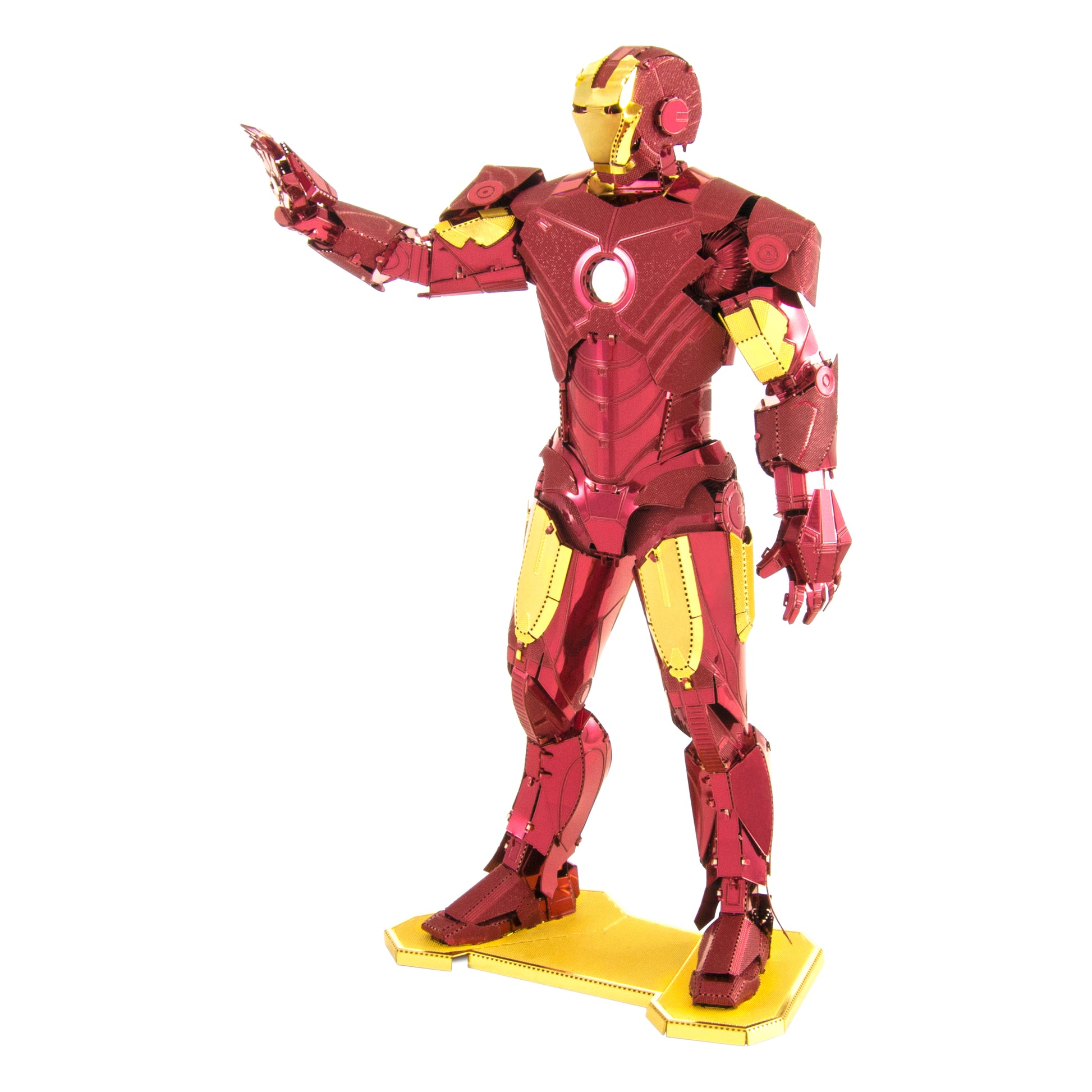 Red and gold Iron Man 3D metal model kit fully assembled, standing on yellow base with arm raised