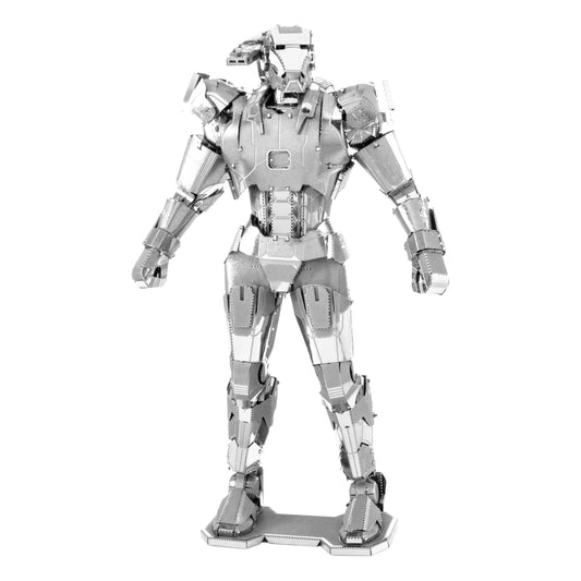 Metal Earth 3D Model Kit War Machine figure, silver metallic assembled robot with articulated joints on plain white background
