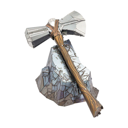 Stormbreaker axe 3D metal model kit assembled, featuring silver metal blade and bronze-striped wooden handle with detailed base