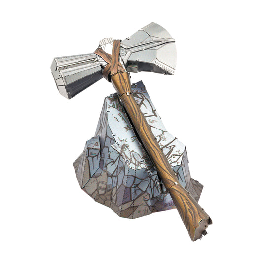 Stormbreaker axe 3D metal model kit assembled, featuring silver metal blade and bronze-striped wooden handle with detailed base