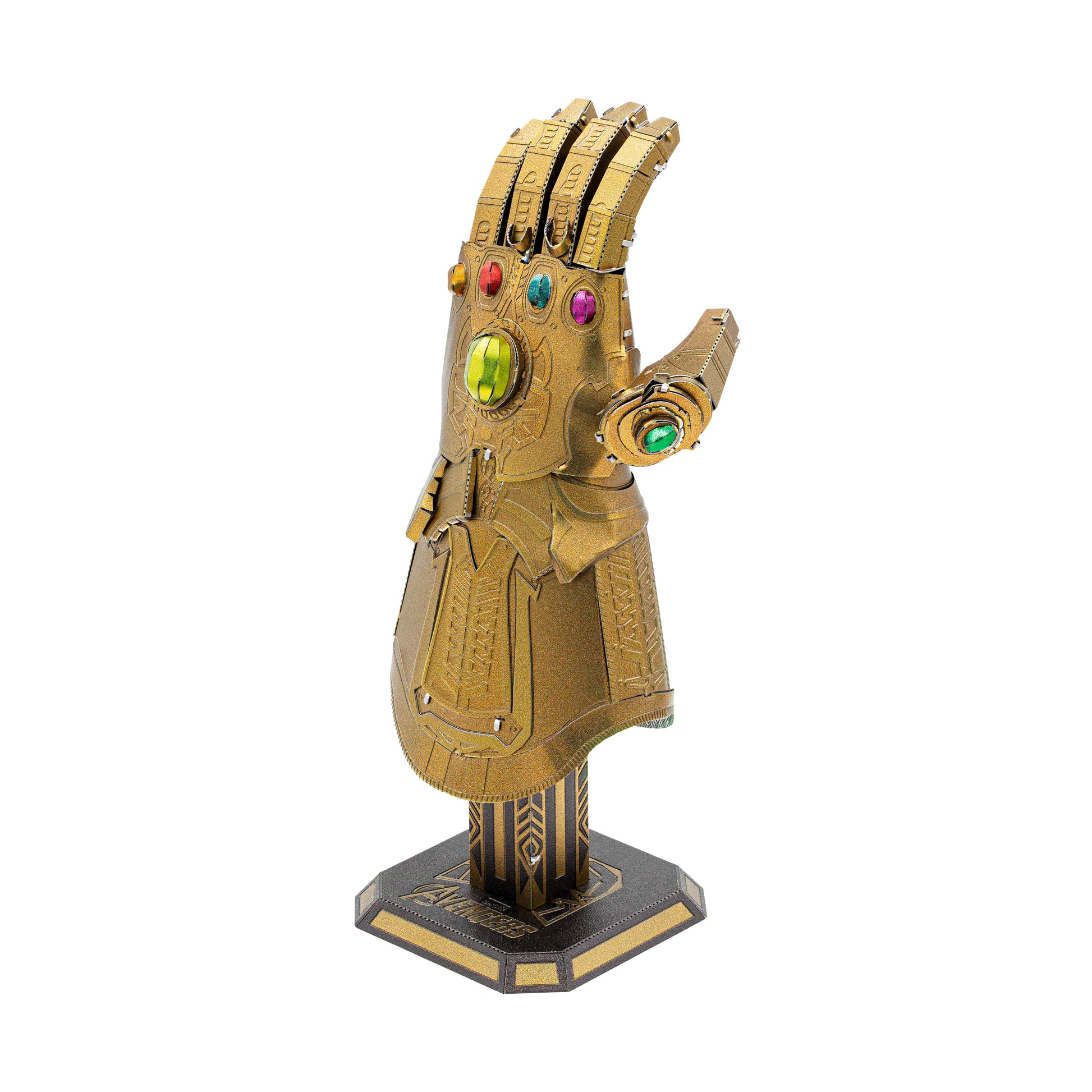 Metal Earth Marvel Infinity Gauntlet 3D Model Kit with gold finish and colorful gemstones