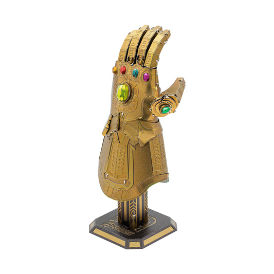 Metal Earth Marvel Infinity Gauntlet 3D Model Kit with gold finish and colorful gemstones