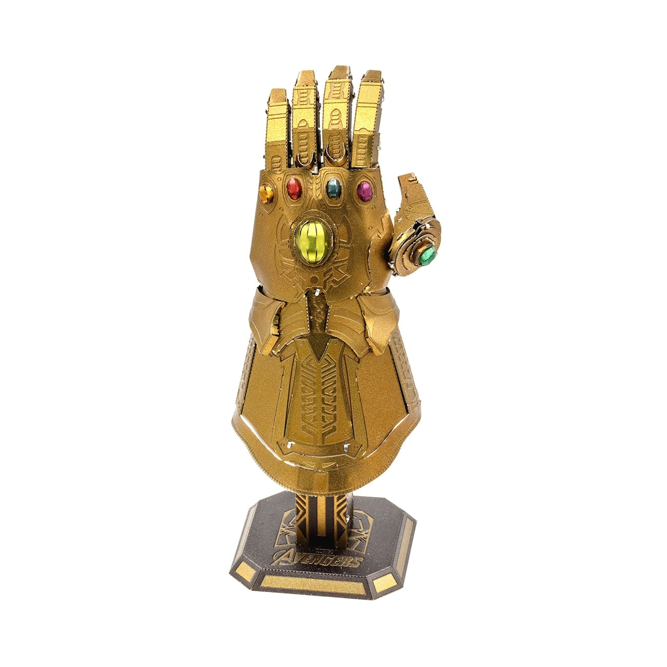 Metal Earth Marvel Infinity Gauntlet 3D Model Kit with gold finish and colored gemstones