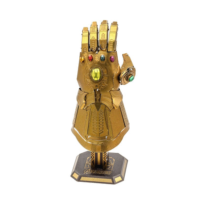 Metal Earth Marvel Infinity Gauntlet 3D Model Kit with gold finish and colored gemstones