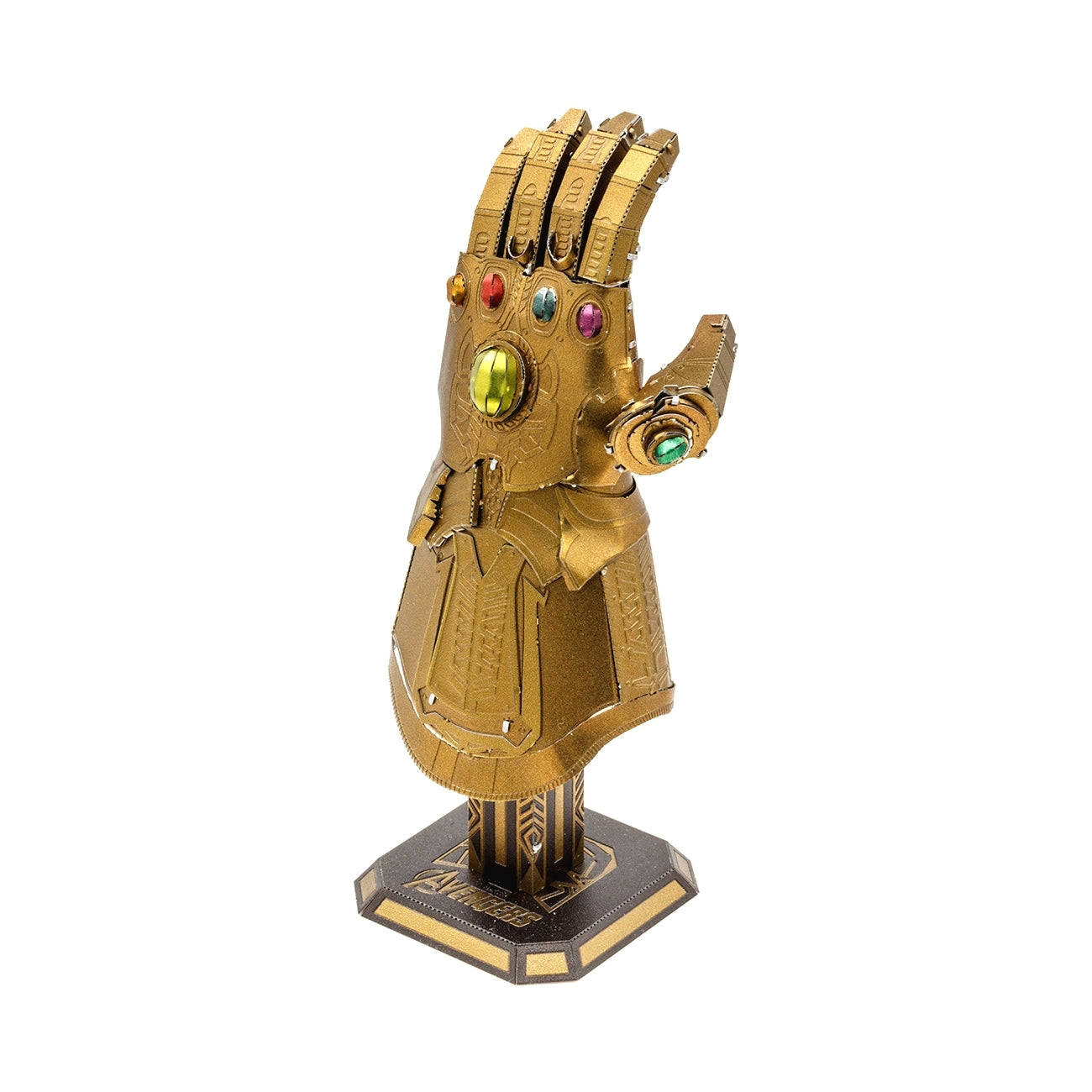Metal Earth Marvel Avengers Endgame Infinity Gauntlet 3D Model Kit with colorful gemstones
