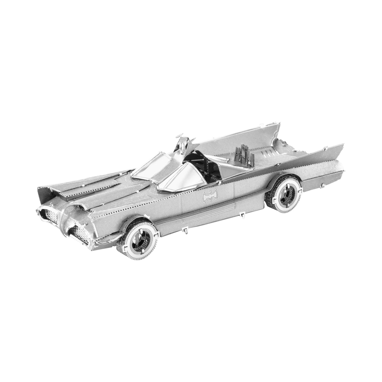Metal Earth 3D metal model kit of the Batmobile from Batman: Classic TV Series, silvery finish on plain background