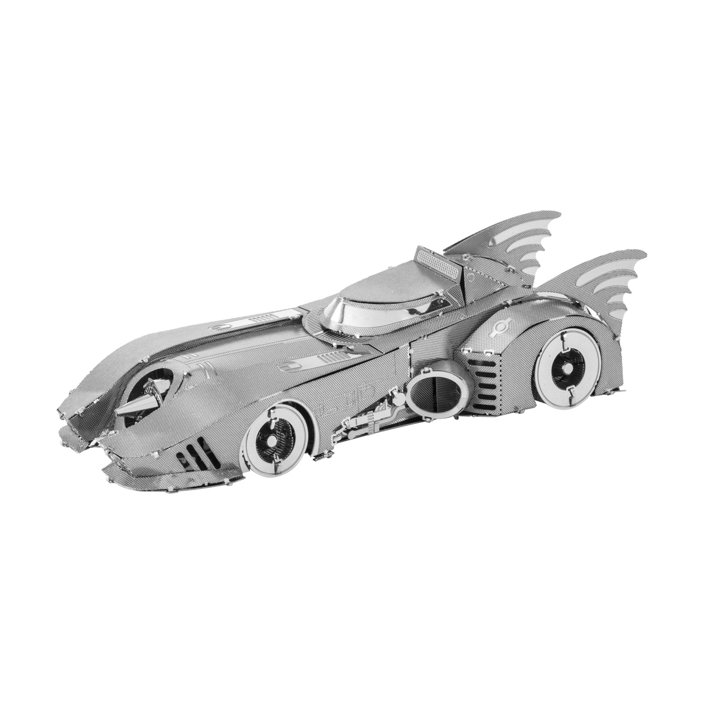 Metal Earth 3D Model Kit Batman 1989 Batmobile silver metallic assembly on plain background