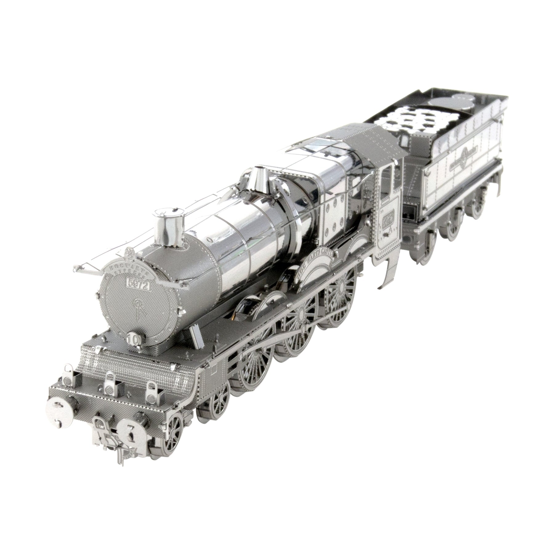 Metal Earth Hogwarts Express 3D model kit, silver and gray detailed locomotive with tender and cargo car on plain background