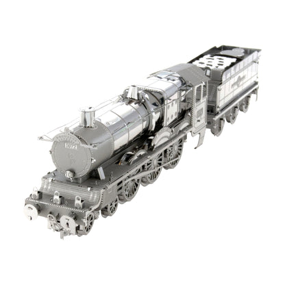 Metal Earth Hogwarts Express 3D model kit, silver and gray detailed locomotive with tender and cargo car on plain background