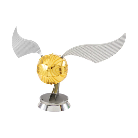 Golden Snitch 3D metal model kit with silver wings on stand, against plain background