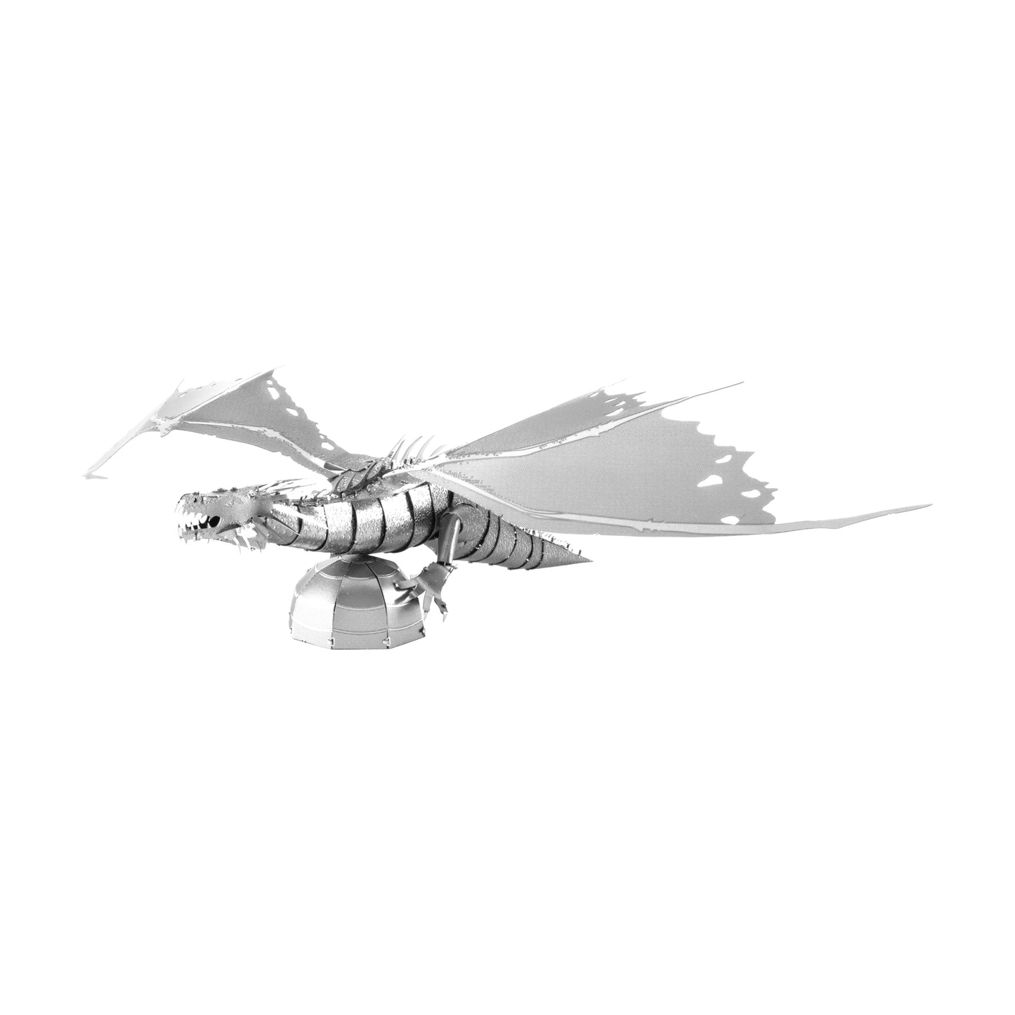 Metal Earth 3D metal model kit of Gringotts dragon from Harry Potter, shown fully assembled with segmented silver body, wings, and perch base