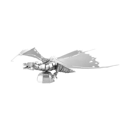 Metal Earth 3D metal model kit of Gringotts dragon from Harry Potter, shown fully assembled with segmented silver body, wings, and perch base