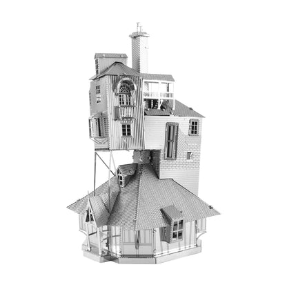 Metal Earth 3D Model Kit - Harry Potter The Burrow, detailed metal building set with multiple towers, chimneys, and architectural details on plain background