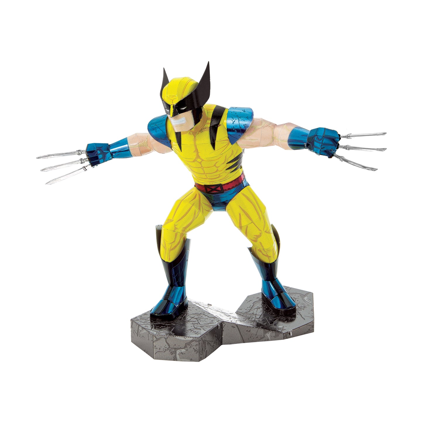 Wolverine action figure with yellow and blue costume, extended metal claws, on gray stone base