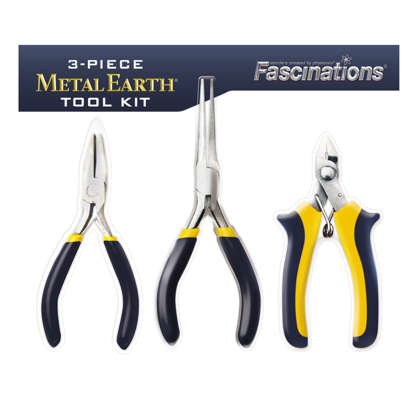 3-Piece Metal Earth Tool Kit by Fascinations: pliers, long-nose pliers, and wire cutters with black and yellow handles
