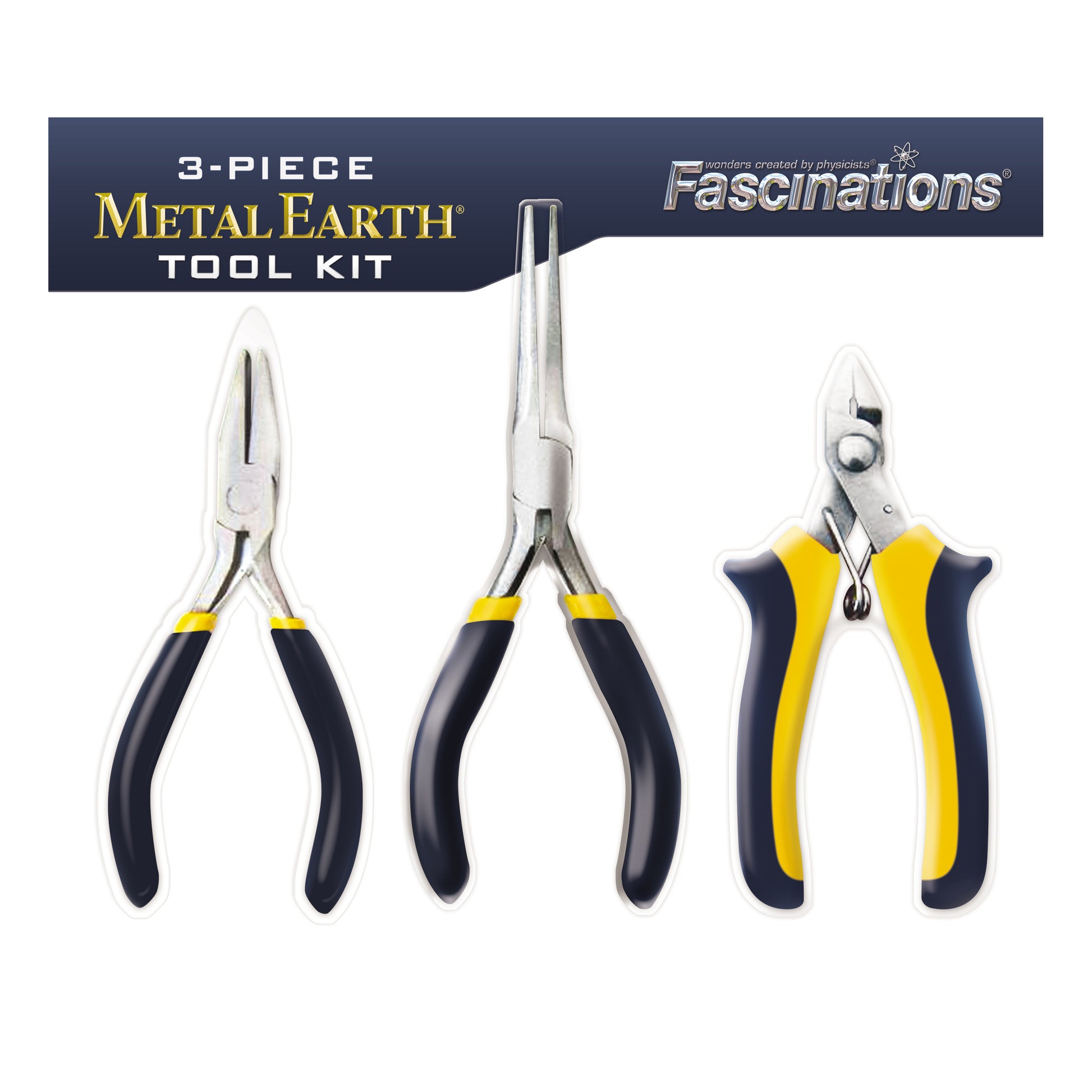 3-Piece Metal Earth Tool Kit by Fascinations: pliers, long-nose pliers, and wire cutters with black and yellow handles