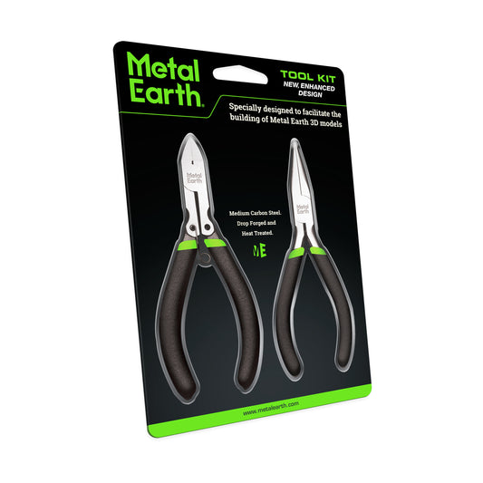 Metal Earth Tool Kit packaging showing two pliers with black handles and green accents, designed for building 3D metal models