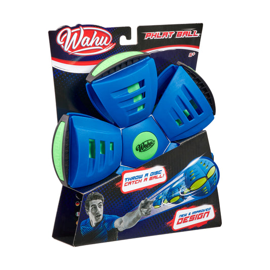 Wahu Phlat Ball Classic blue disc-to-ball toy in packaging, showing transforming design with neon green accents and catch mitts