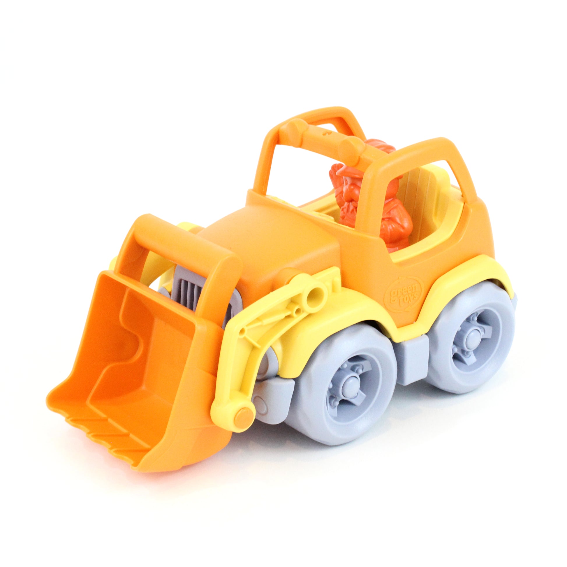 Orange and yellow plastic construction truck with white wheels and opening cab, featuring a front-loading scoop bucket