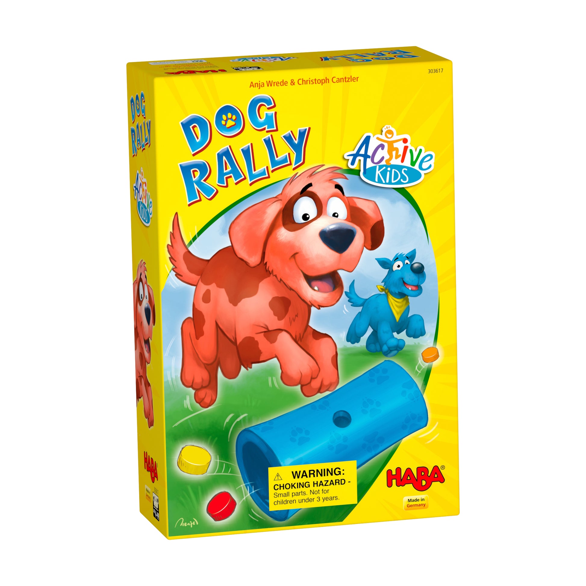 Dog Rally Active Kids board game box featuring a red cartoon dog character and blue tunnel on yellow packaging