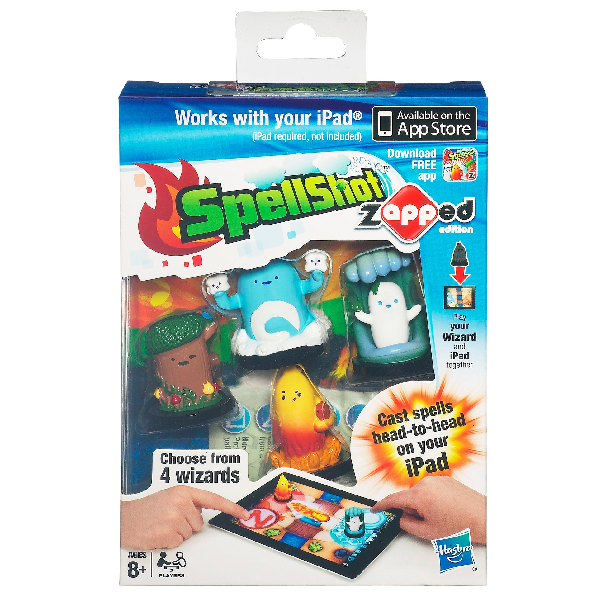 SpellShot zAPPed Edition packaging showing four colorful wizard figures and game board for iPad play, ages 8+