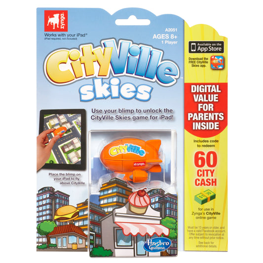 CityVille Skies orange blimp toy with packaging showing iPad game integration, ages 8+, includes 60 City Cash code for Zynga's online game