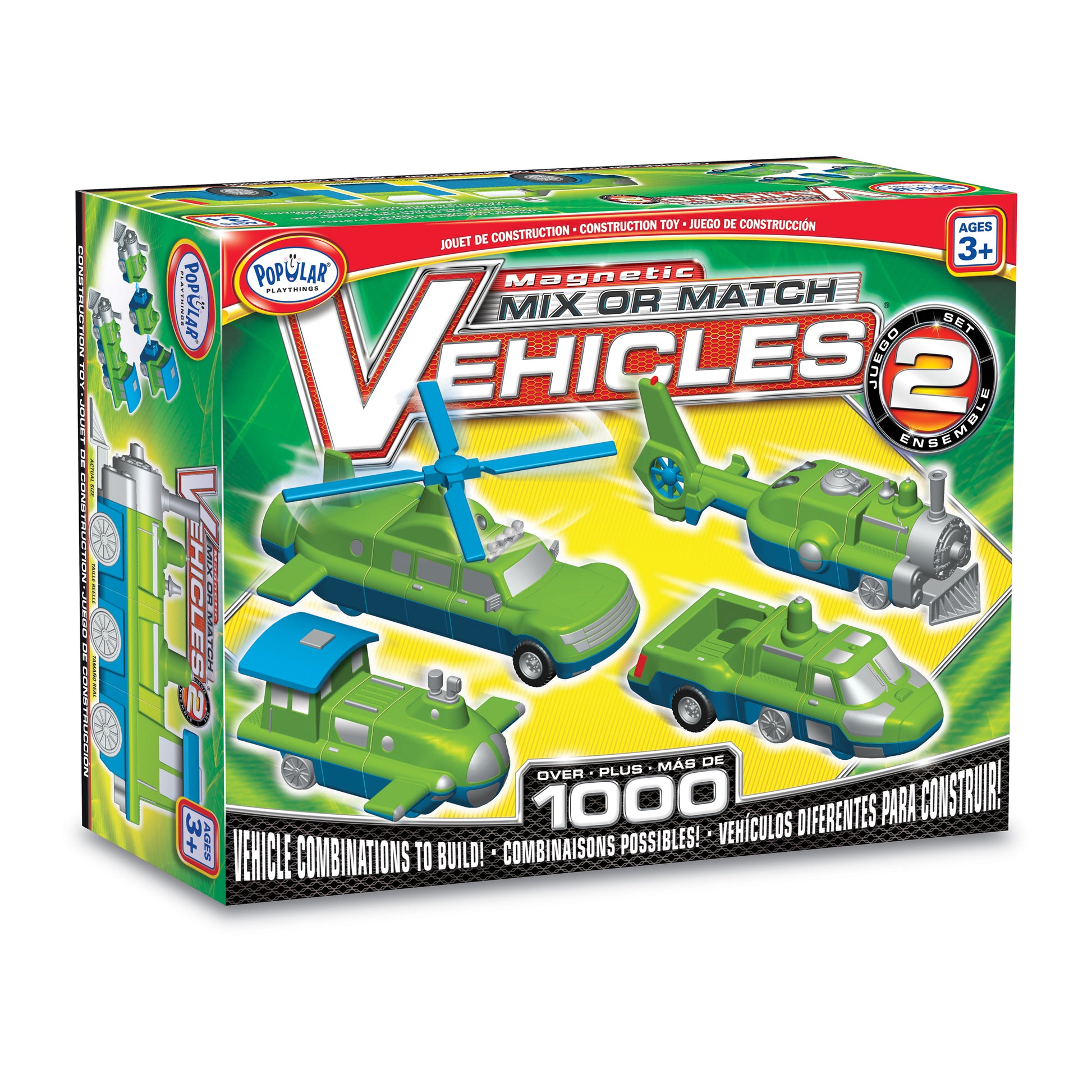 Magnetic Mix or Match Vehicles Set 2 box showing green and blue transformable toy vehicles including helicopter, airplane, train, and truck with over 1000 combi