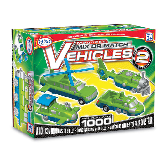 Magnetic Mix or Match Vehicles Set 2 box showing green and blue transformable toy vehicles including helicopter, airplane, train, and truck with over 1000 combi