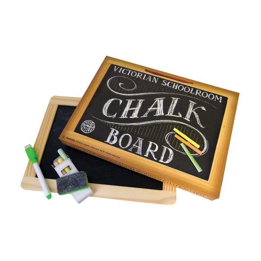 Victorian Schoolroom Chalk Board with wooden frame, black surface, chalk and eraser included, on plain background