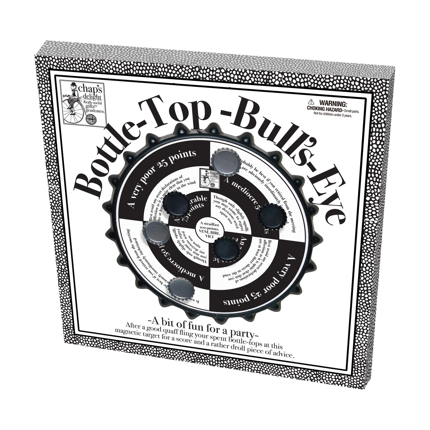 Bottle-Top Bull's-Eye magnetic cap-toss party game with gear-shaped board and magnetic bottle caps, packaged in black and white box