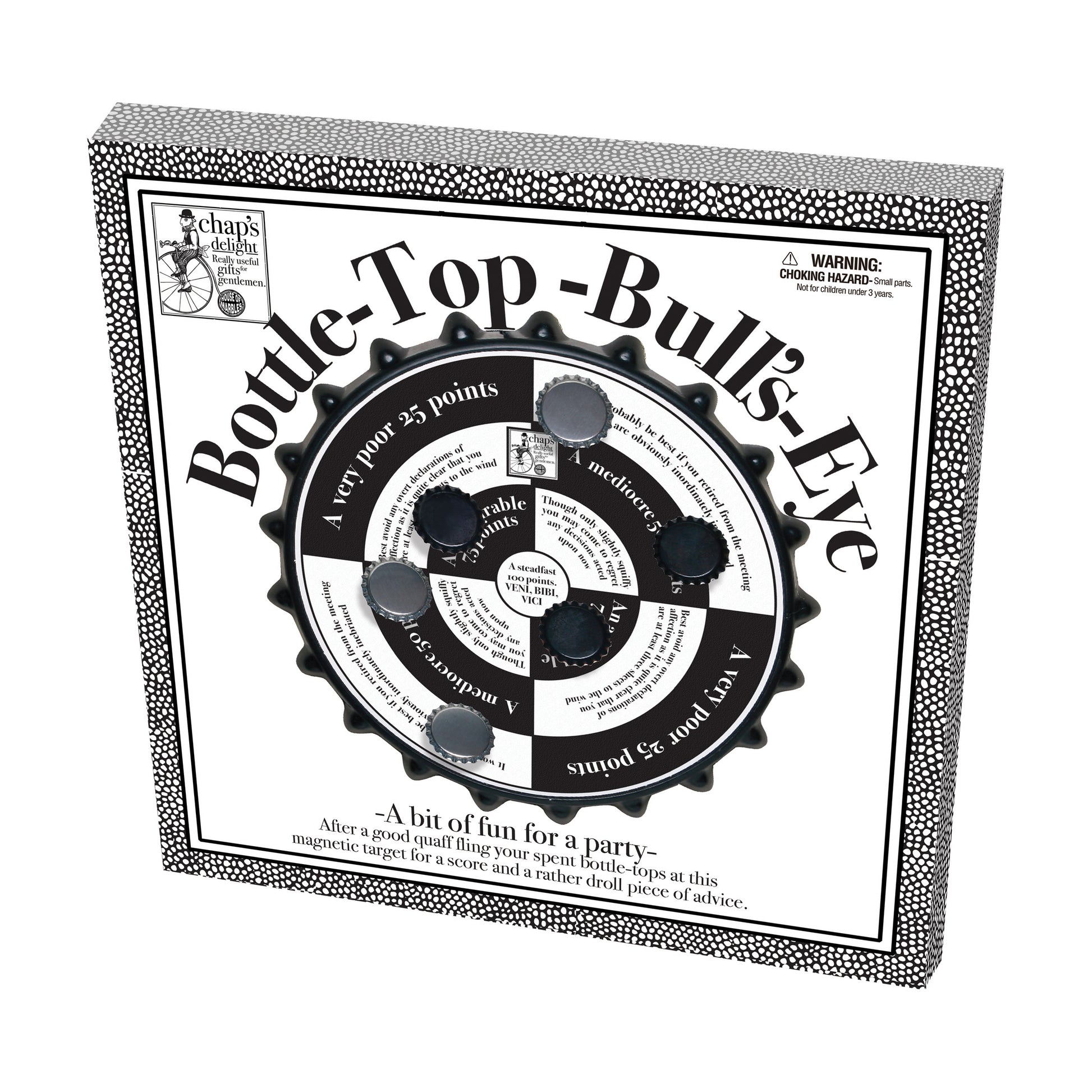 Bottle-Top Bull's-Eye magnetic cap-toss party game with gear-shaped board and magnetic bottle caps, packaged in black and white box