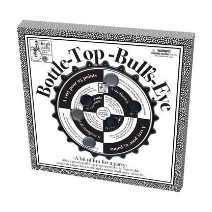 Bottle-Top Bull's-Eye magnetic cap-toss party game with gear-shaped board and magnetic bottle caps, packaged in black and white box