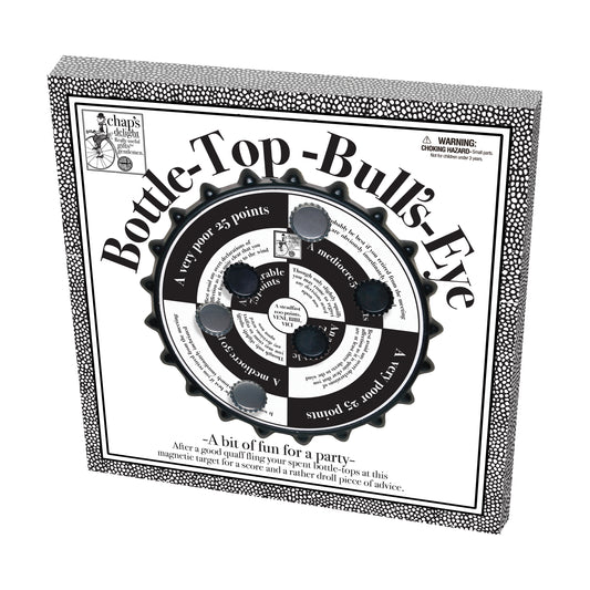 Bottle-Top Bull's-Eye magnetic cap-toss party game with gear-shaped board and magnetic bottle caps, packaged in black and white box