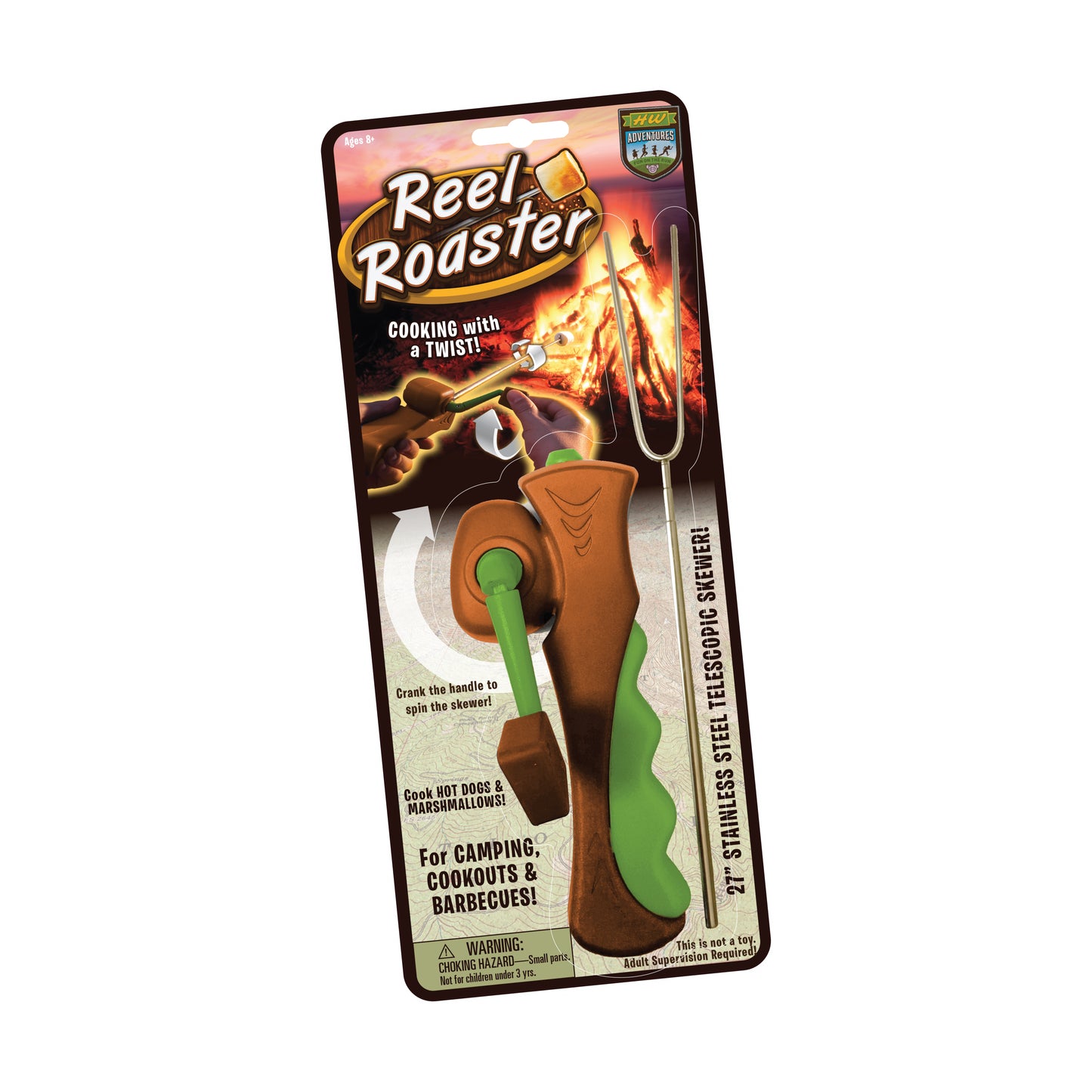 Reel Roaster cooking tool with brown handle and green skewers on packaging, for roasting hot dogs and marshmallows while camping