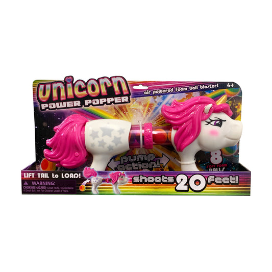 Unicorn Power Popper air-powered foam ball blaster with pink mane, shoots 20 feet