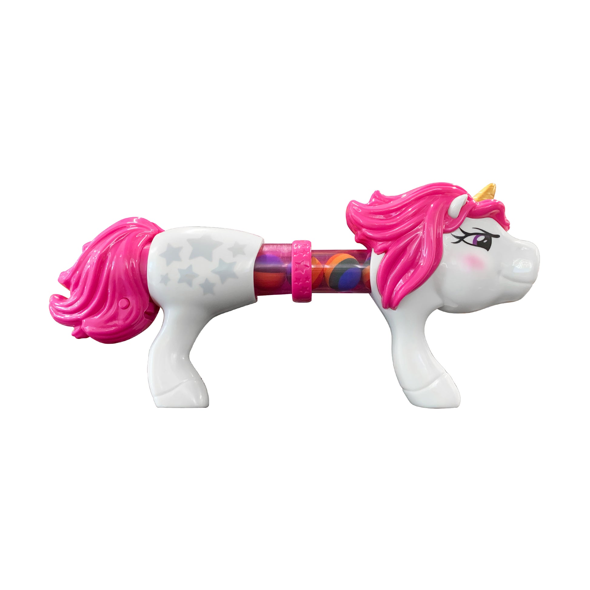 Unicorn Power Popper toy with white body, hot pink mane, and colorful popper mechanism