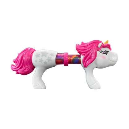 Unicorn Power Popper toy with white body, hot pink mane, and colorful popper mechanism