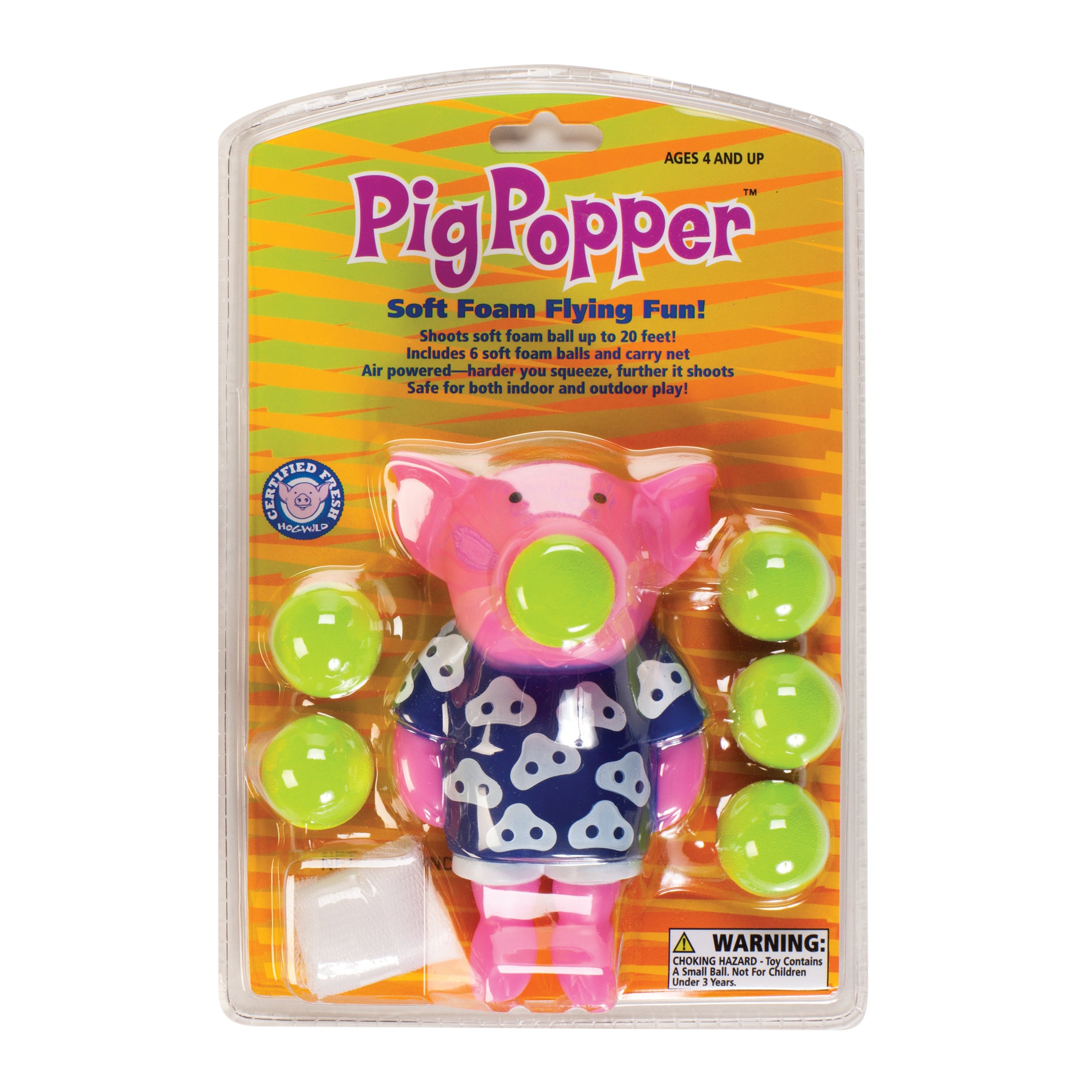 Pig Popper soft foam flying toy with pink pig launcher and 6 green foam balls
