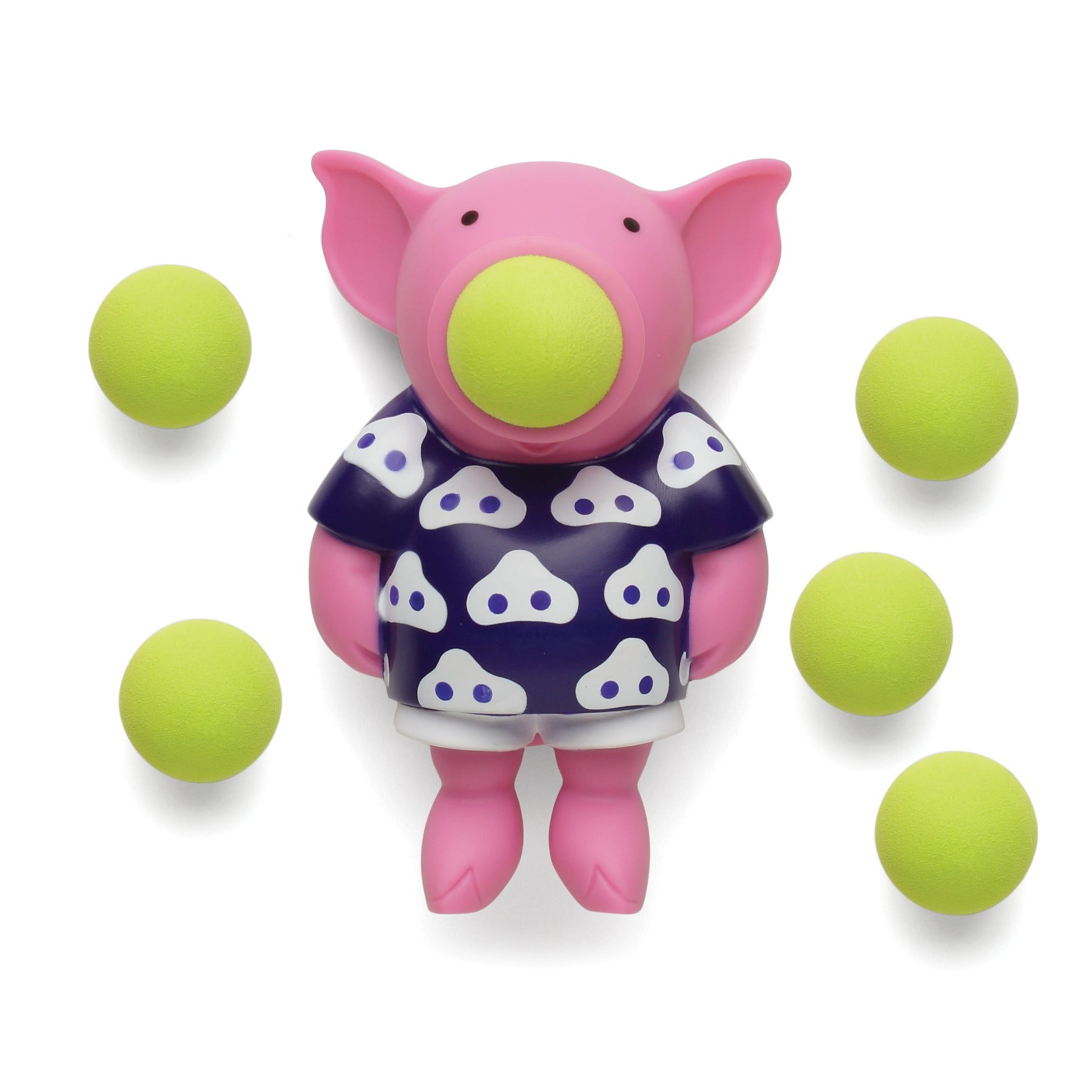 Pink Pig Popper toy with lime green balls and navy patterned outfit