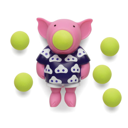 Pink Pig Popper toy with lime green balls and navy patterned outfit