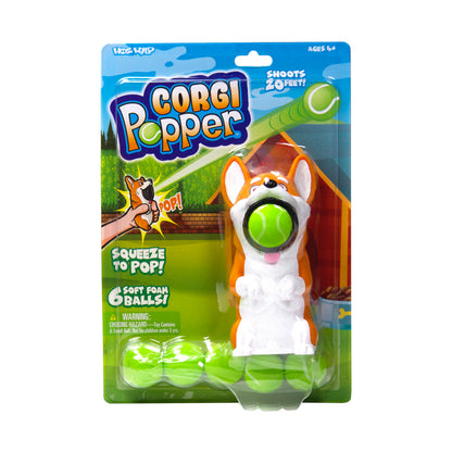 Corgi Popper foam ball launcher toy with orange and white corgi figure, green ball launcher, and six soft foam balls on blister card packaging