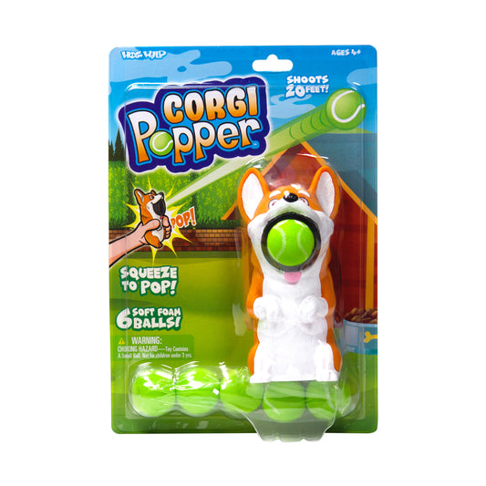 Corgi Popper foam ball launcher toy with orange and white corgi figure, green ball launcher, and six soft foam balls on blister card packaging