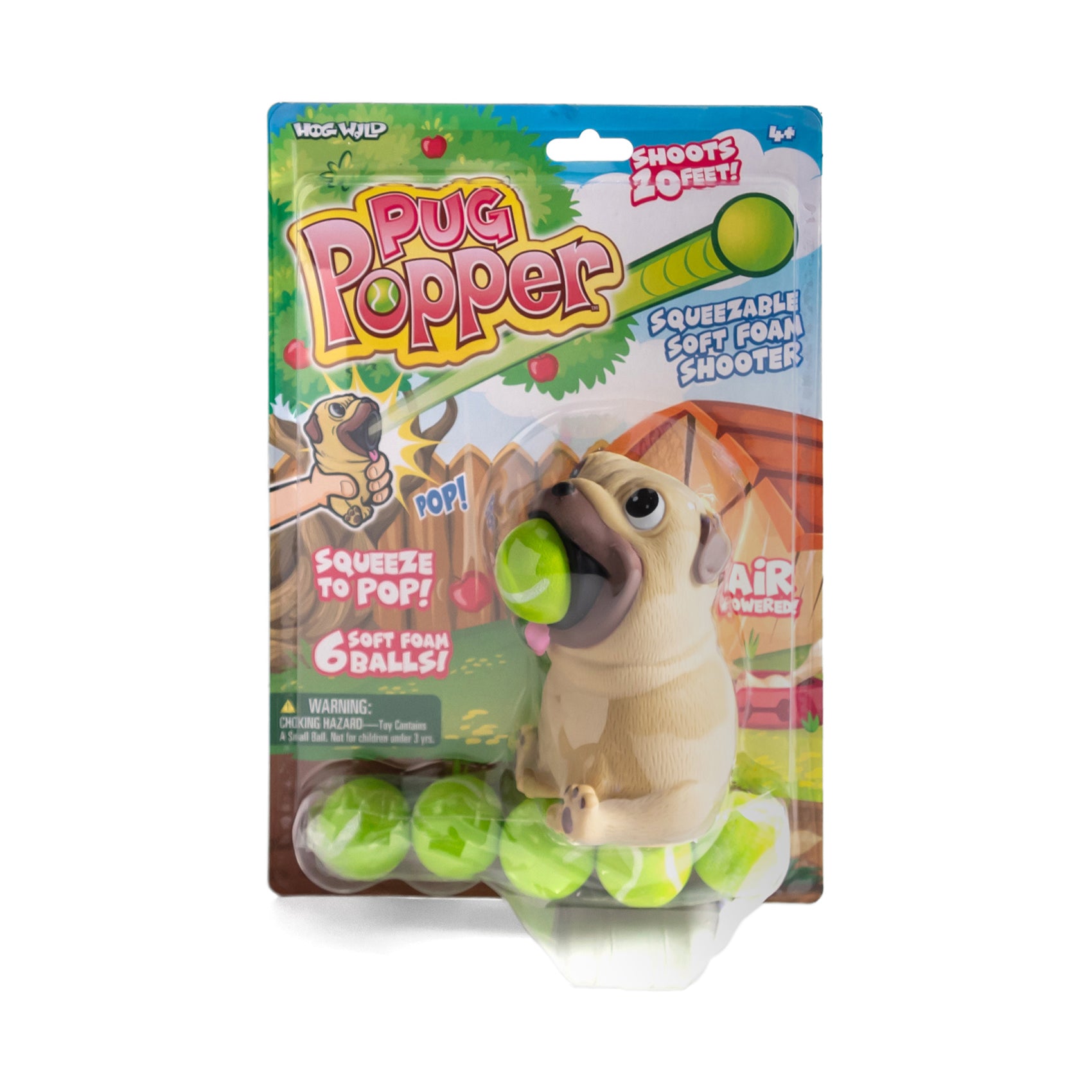 Pug Popper foam ball blaster toy with tan pug figure holding green soft foam balls, packaged on card with launcher and 6 included balls