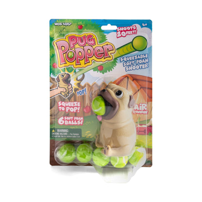 Pug Popper foam ball blaster toy with tan pug figure holding green soft foam balls, packaged on card with launcher and 6 included balls