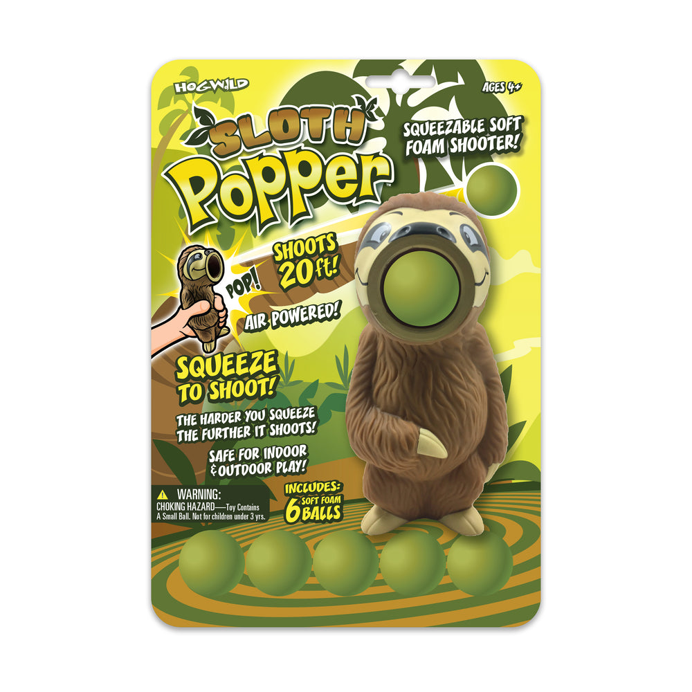 Sloth Popper air-powered foam ball shooter toy with brown sloth design and green balls