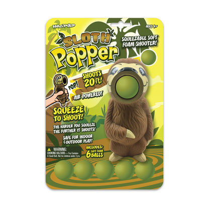 Sloth Popper air-powered foam ball shooter toy with brown sloth design and green balls
