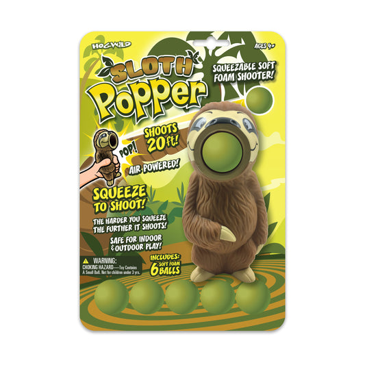 Sloth Popper air-powered foam ball shooter toy with brown sloth design and green balls