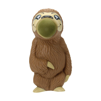 Sloth Popper toy with brown fur, smiling face, and green popper nose