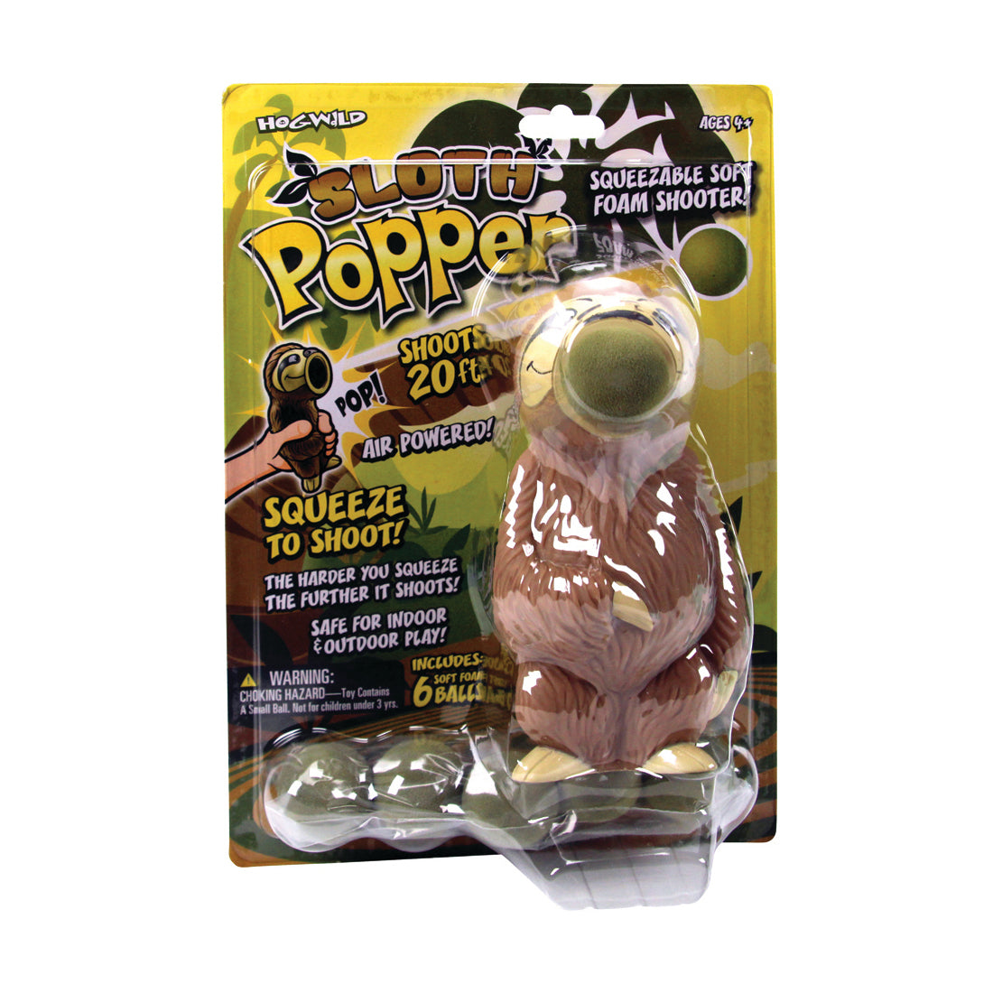 Sloth Popper squeezable foam shooter toy with brown sloth design and olive green foam balls