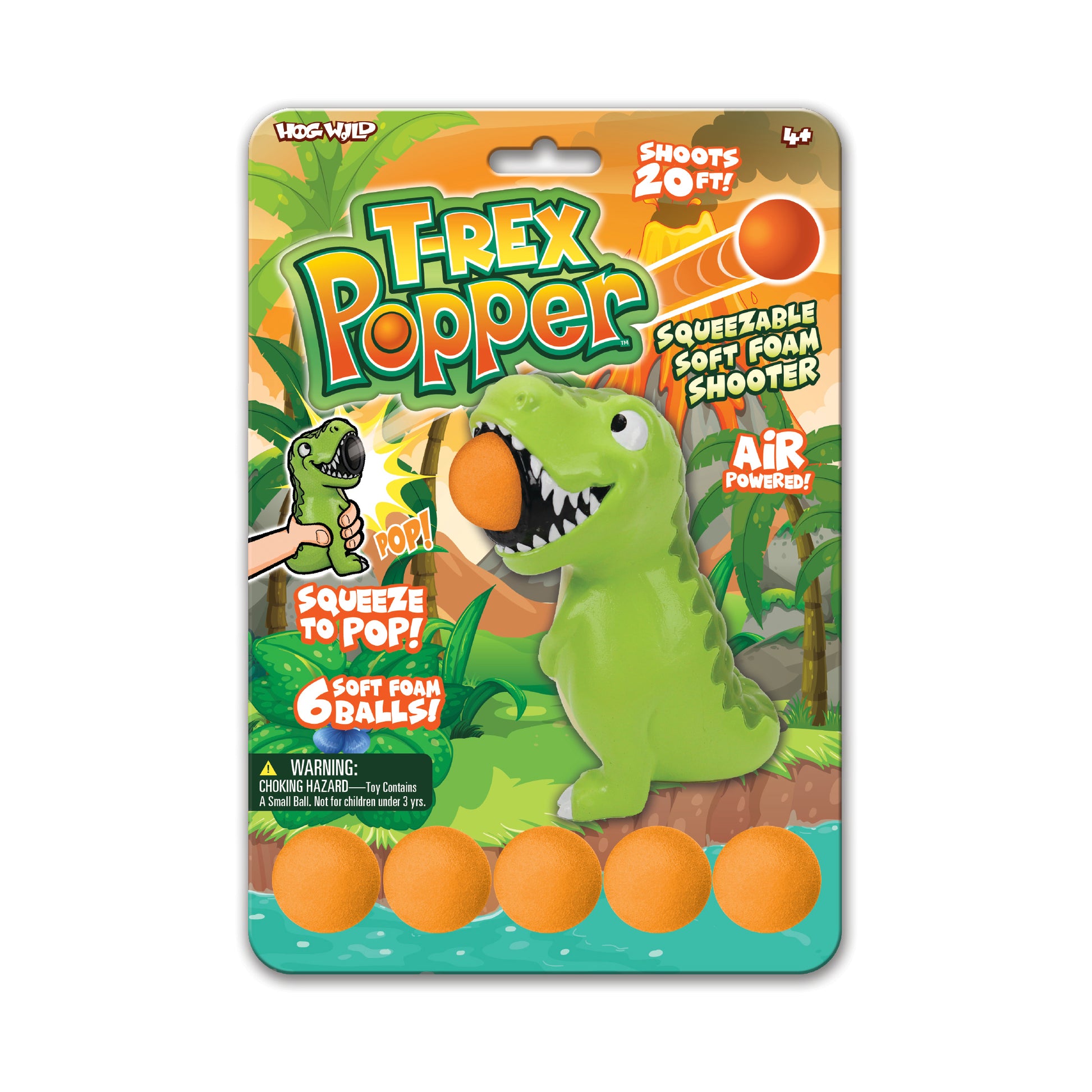 T-Rex Popper green dinosaur toy with orange foam ball shooter, includes 6 soft foam balls